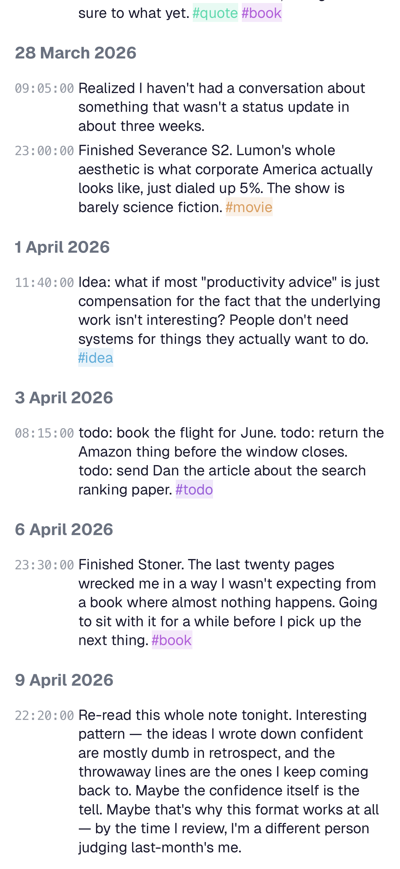 A notes app showing a long note with many timestamped entries stacked chronologically.