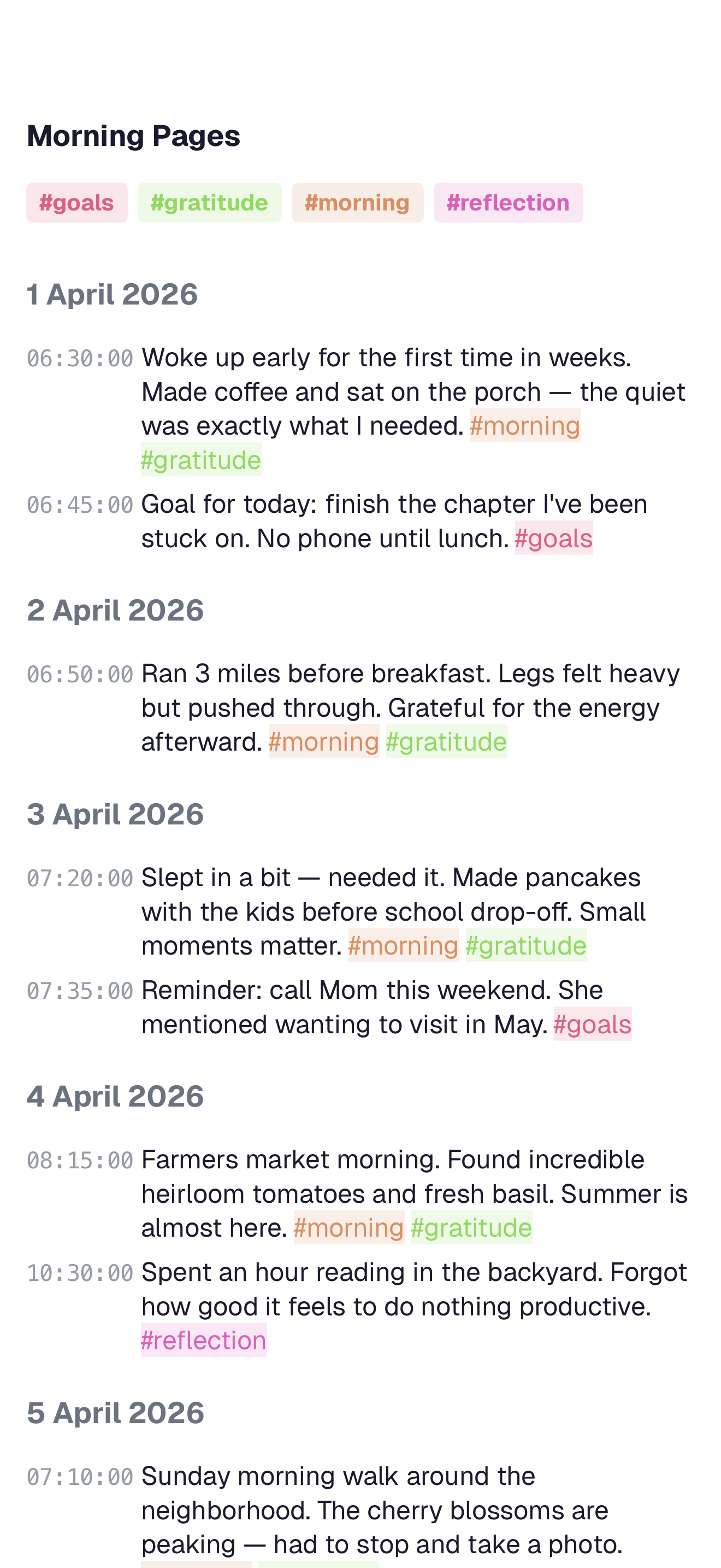 A daily journal note in notetime showing several timestamped entries from the same day.
