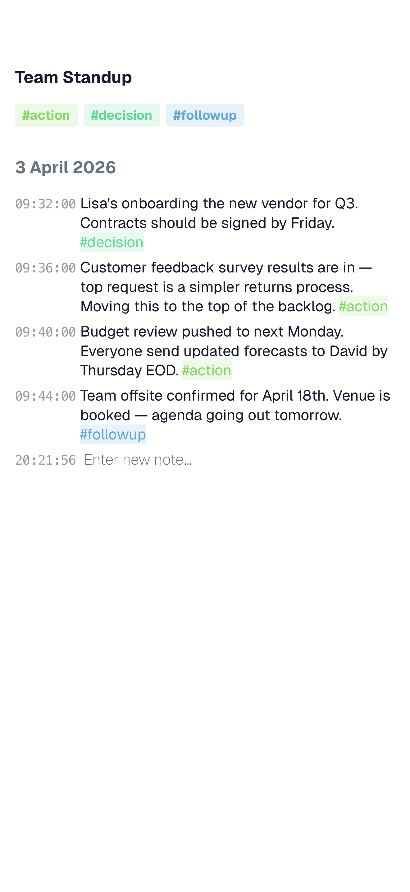 A meeting note in notetime with timestamped entries capturing decisions and action items.