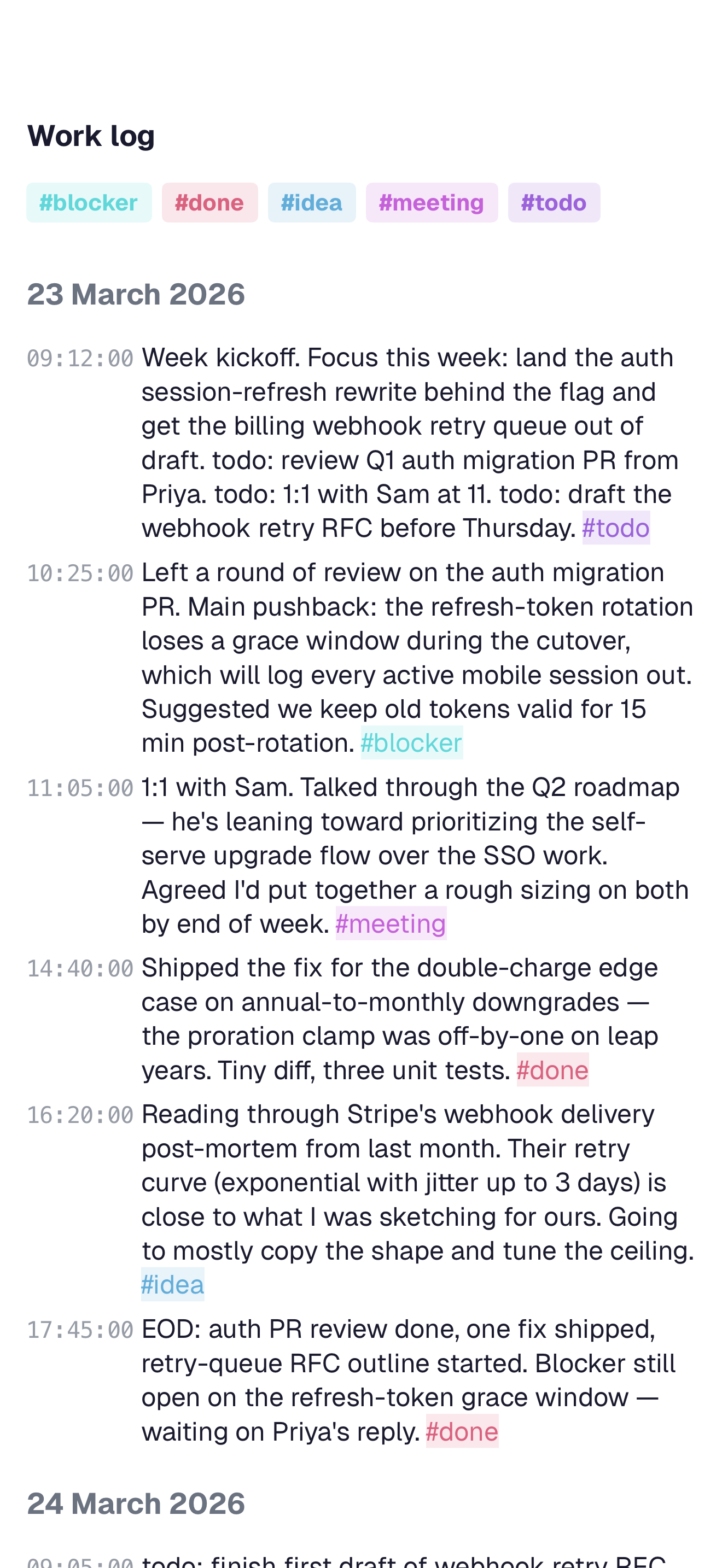 A work log note in notetime showing timestamped entries for the day's work.